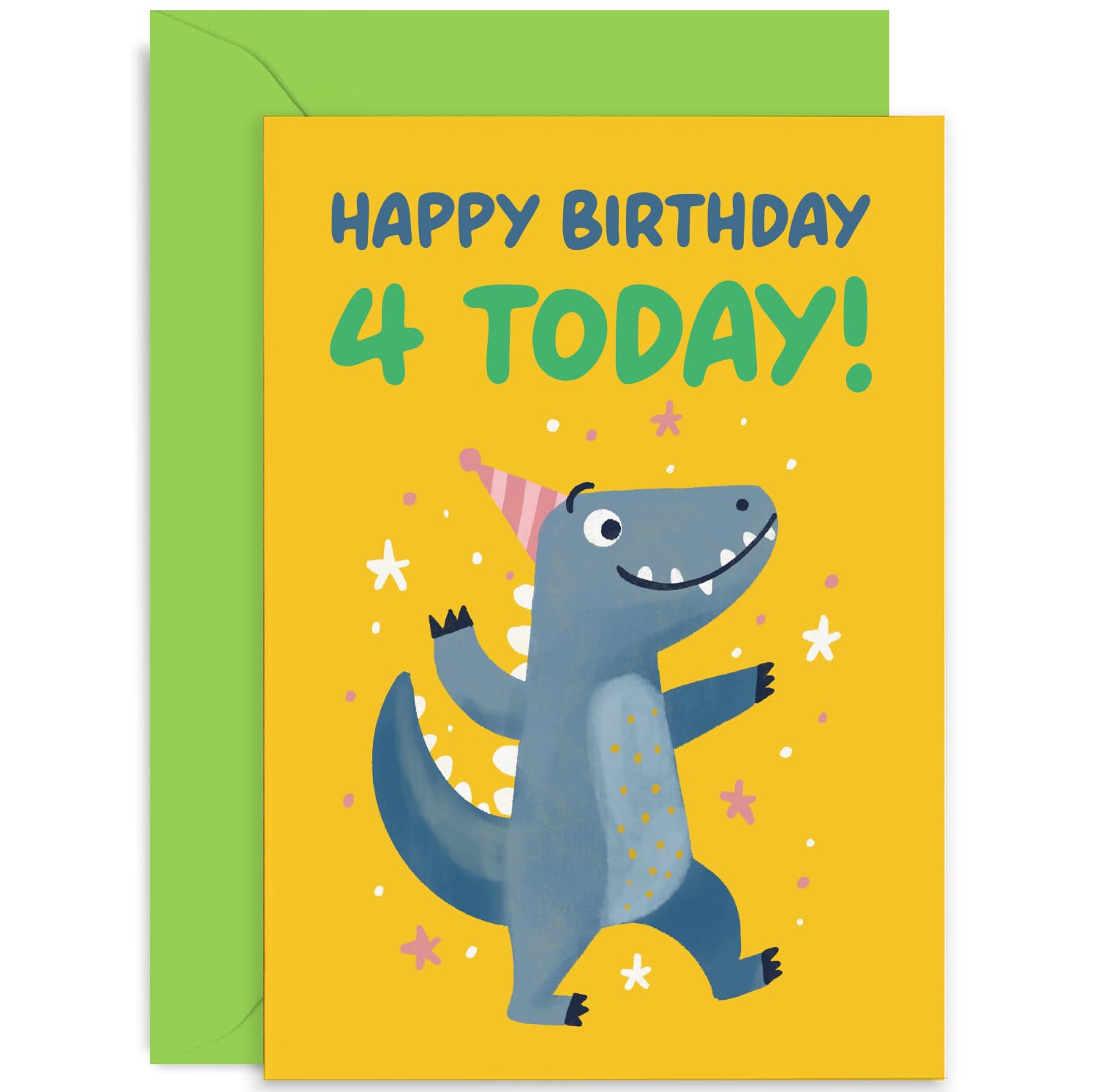 Old English Co. Happy 4th Birthday Card for Boy or Girl - Funny Cartoon Party Dinosaur Fourth Birthday Card - Age Four Card - For Son, Daughter, Grandson, Granddaughter | Blank Inside Envelope