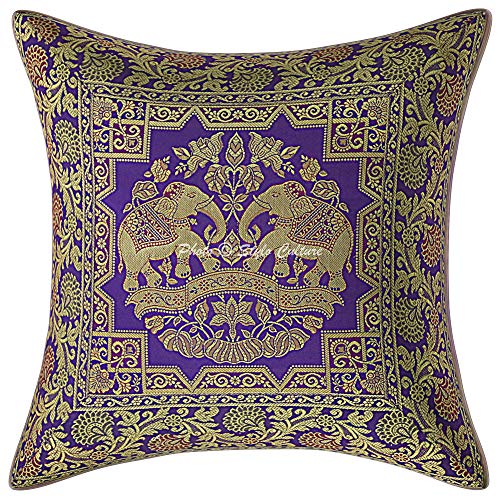 Image of Decorative Brocade Cushion Covers 16 Inch x 16 Inch Banarasi Jacquard Purple & Gold Living Room Decor Elephant Traditional Square 40x40 cm Zippered Sofa Settee Pillowcases -Set of 5 Pcs