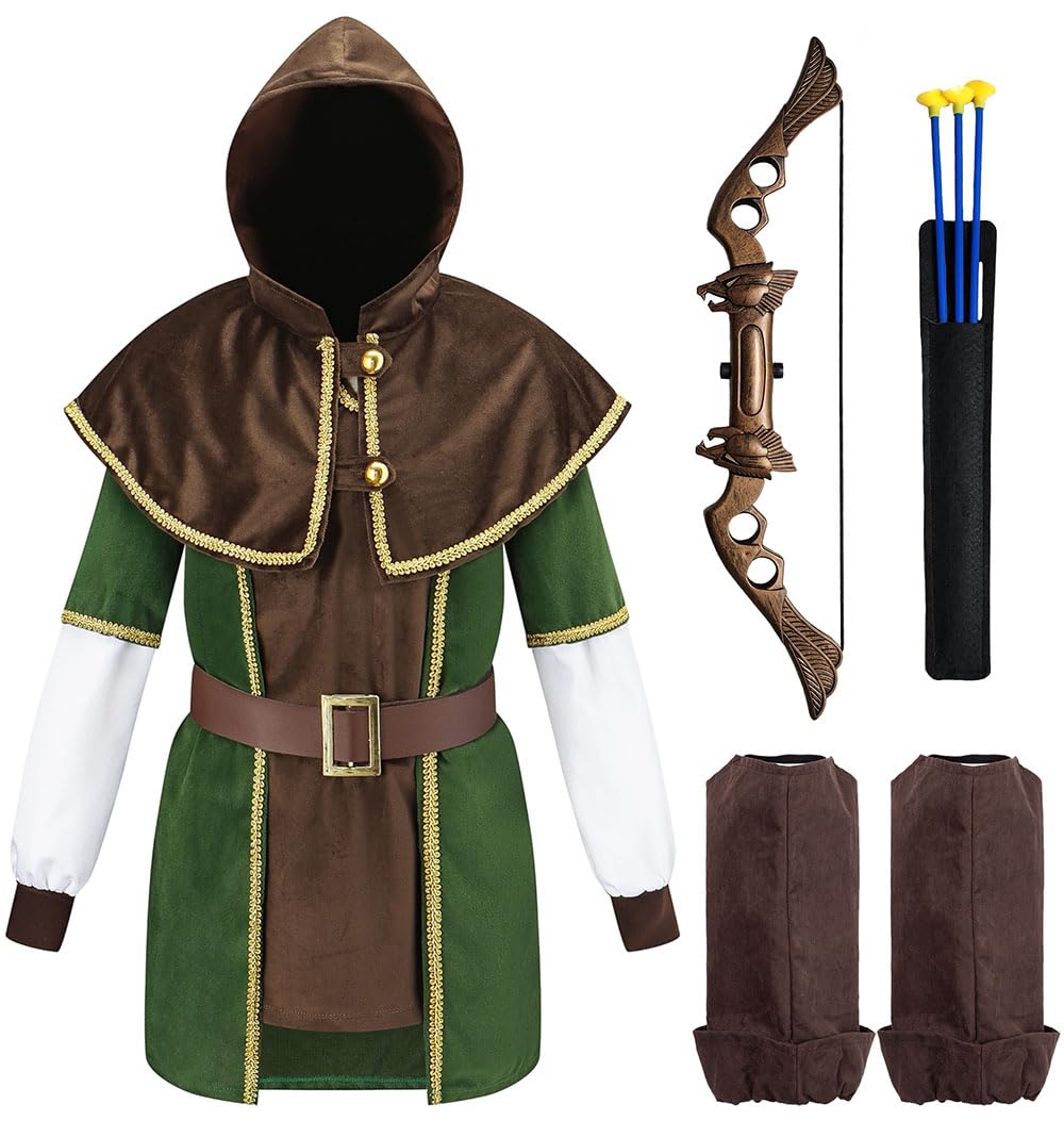 corimori Kinder Robin Hood Kostüm mit Pfeil und Bogen | Für Jungen & Mädchen | grün, braun