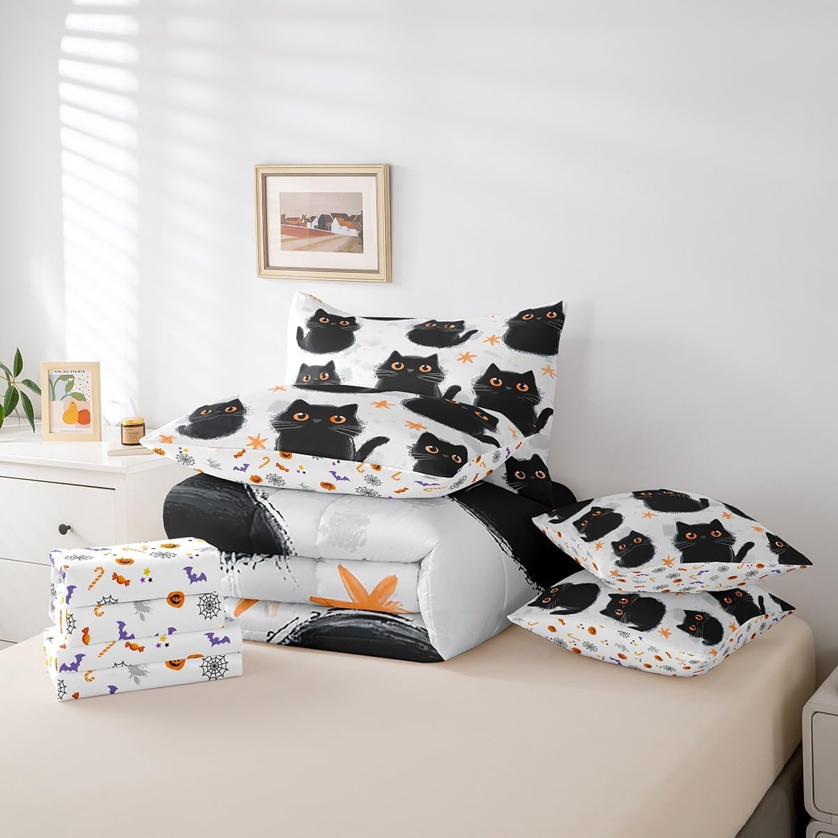 Feelyou Kids Cat Bed in a Bag Cute Black Cats Comforter Set Twin Size 7 Pieces for Girls Women Lovely Pet Kitten Bedding Set Stars Cats Bed Set with Comforter, Sheets, Pillowcases & Cushion Cover