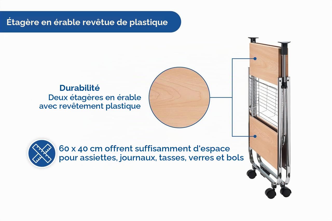 WENKO Chariot de Service Dinett Deluxe érable, 2 étagères & Panier grillagé allongé, avec 4 roulettes faciles à manier, Rabattable, en Acier chromé Robuste, Charge maximale 40 kg