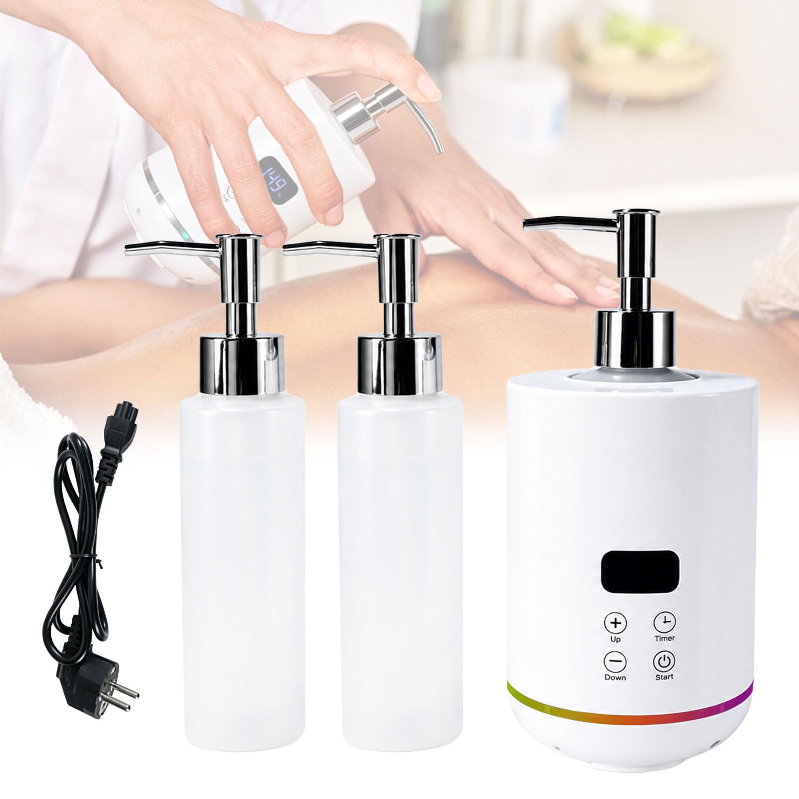 Massageöl Wärmer mit Zwei 250 ml-Massageölflaschen, Einstellbare Temperatur 30-65°C, Zeiteinstellungen, Gradientes Umgebungslicht, Gel Flaschenwärmer Heizung für Spa, Salon und Home Use