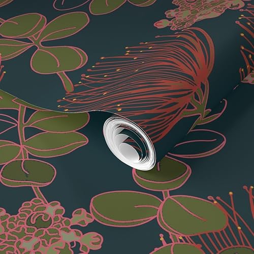 Miniatura 2 de Spoonflower Muestro de papel tapiz extraíble, diseño botánico oscuro hawaiano, flores florales hawaianas, color rojo, verde azulado, tropical,