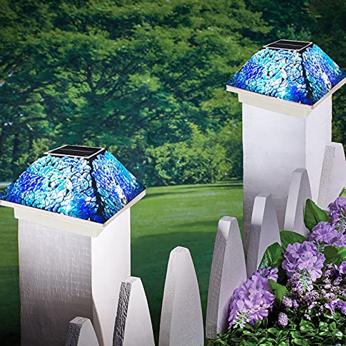 2PK Mosaic Solar Post Cap Lights Outdoor for 4x4, 3.5x3.5 Post Crackled Glass Deck Fence Lamp Weatherproof LED Light Decor in Garden, Yard, Outdoor Table, Balcony, Landscape- Cyan Blue