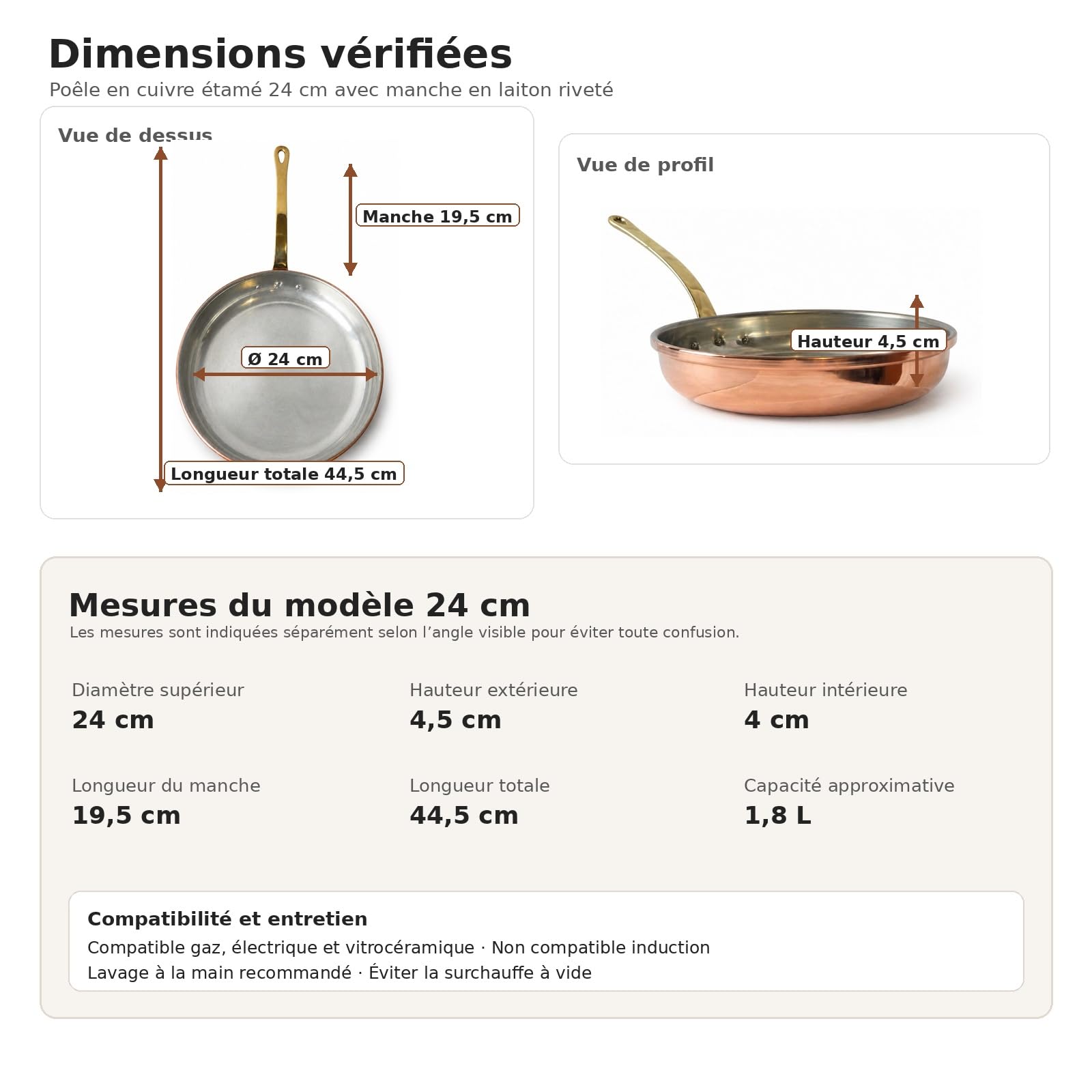 Ardosia Poêle en Cuivre Étamé 24 cm avec Manche en Laiton Riveté – Intérieur Étamé Traditionnel, Cuisson Homogène, Finition Artisanale, Tous Feux Sauf Induction
