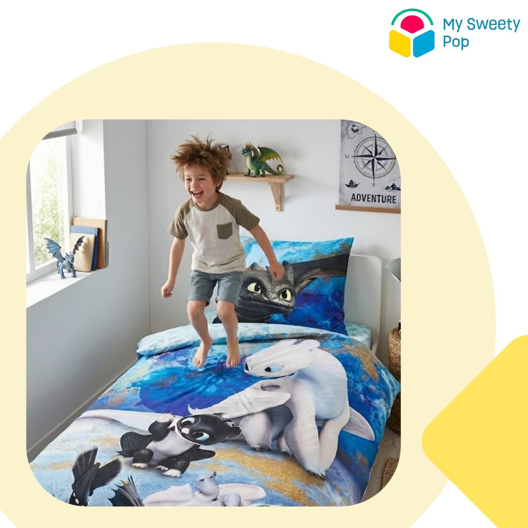 My sweety pop | Housse de Couette Dragon Dragon Puppies 140x200 cm | Parure de Lit Enfant 100% Coton | Taie d'oreiller Extra Large 70x90 cm | Linge de Lit Thème Monde Magique et Krokmou