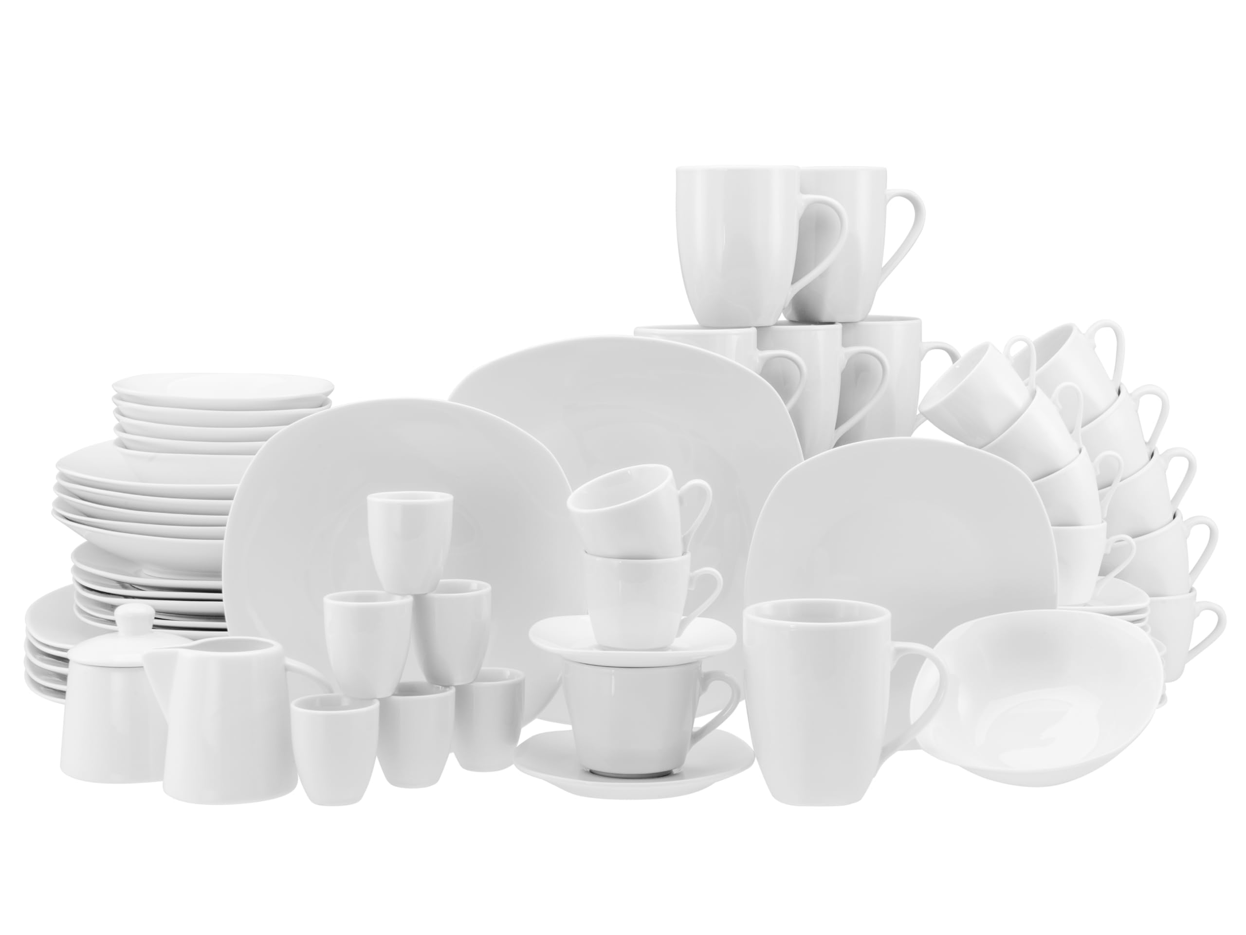 CreaTable, 22535, Serie Square Weiss, 62-teiliges Geschirrset für 6 Personen, Kombiservice aus Porzellan, spülmaschinen- und mikrowellengeeignet, Qualitätsproduktion