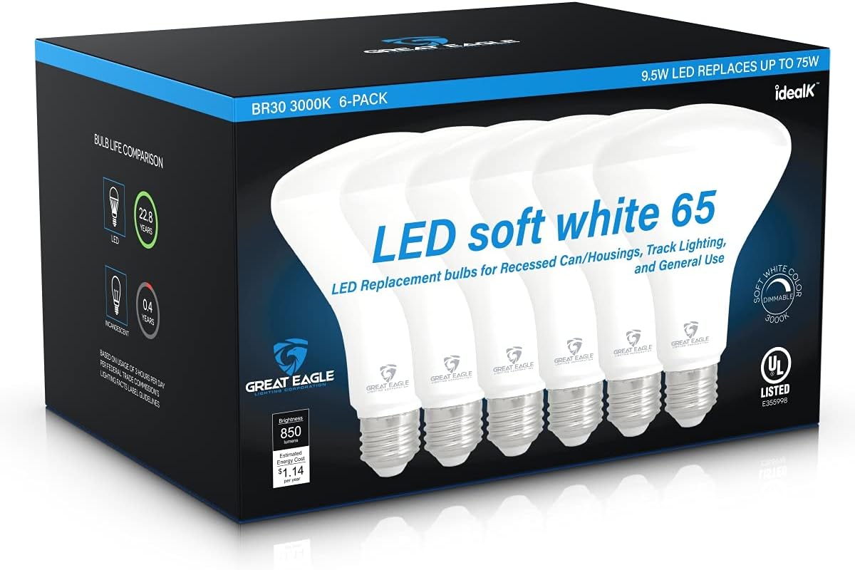 Great Eagle 6 Pack BR30 Light Bulb LED Recessed Can Light Bulbs, Indoor Flood Light Bulb 850 LM, 11W (65W Equivalent), 3000K Soft White, Dimmable, E26 Base, High CRI 90 for Home, Kitchen, Bedroom UL