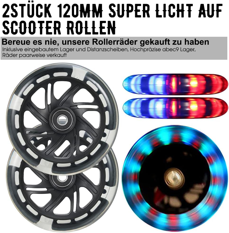 Set 2 Ruote Scooter 12 Cm – ABS 88A, Cuscinetti ABEC-9, LED Senza Batteria, Per Monopattini E Kick Scooter (Nero)