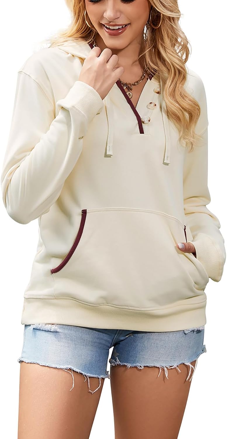 Women's Hoodies Casual Long Sleeve Hooded Sweatshirt Button Collar Drawstring Sweatshirt Pullover - Image 2