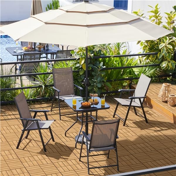 Yaheetech Mesa de Jardín Mesa Auxiliar de Cristal y Metálica Mesa de Balcón con Orificio para Sombrilla para Terraza, Jardín o Balcón 70 cm×70 cm Negro | Orificio de Sombrilla 4,2cm, Marco Metal Mate, Tablero de Vidrio Negro Serigrafiado, Capacidad 45kg,