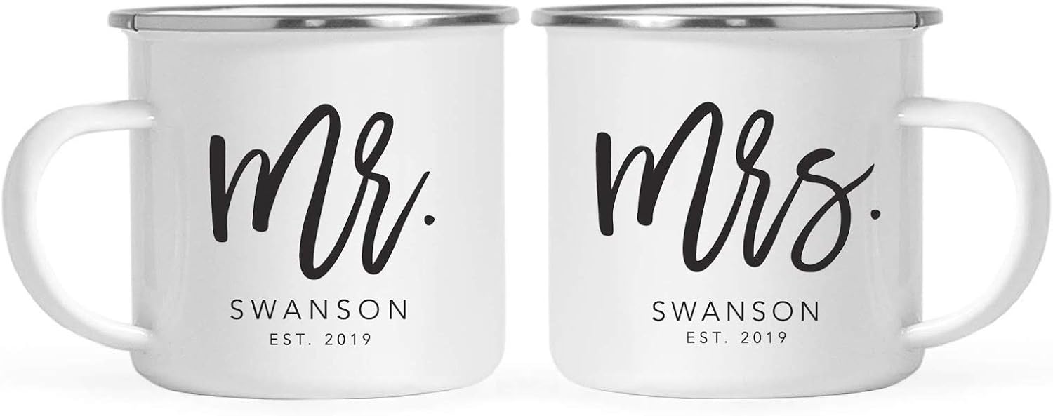 Andaz Press Personalized Stainless Steel Campfire Coffee Mugs Gift Set, Mr. Mrs. Est. 2024, Script Style, 2-Pack, Metal Enamel Tin Cup, Includes Gift Box Mr And Mrs Mugs Est. Mr And Mrs Established