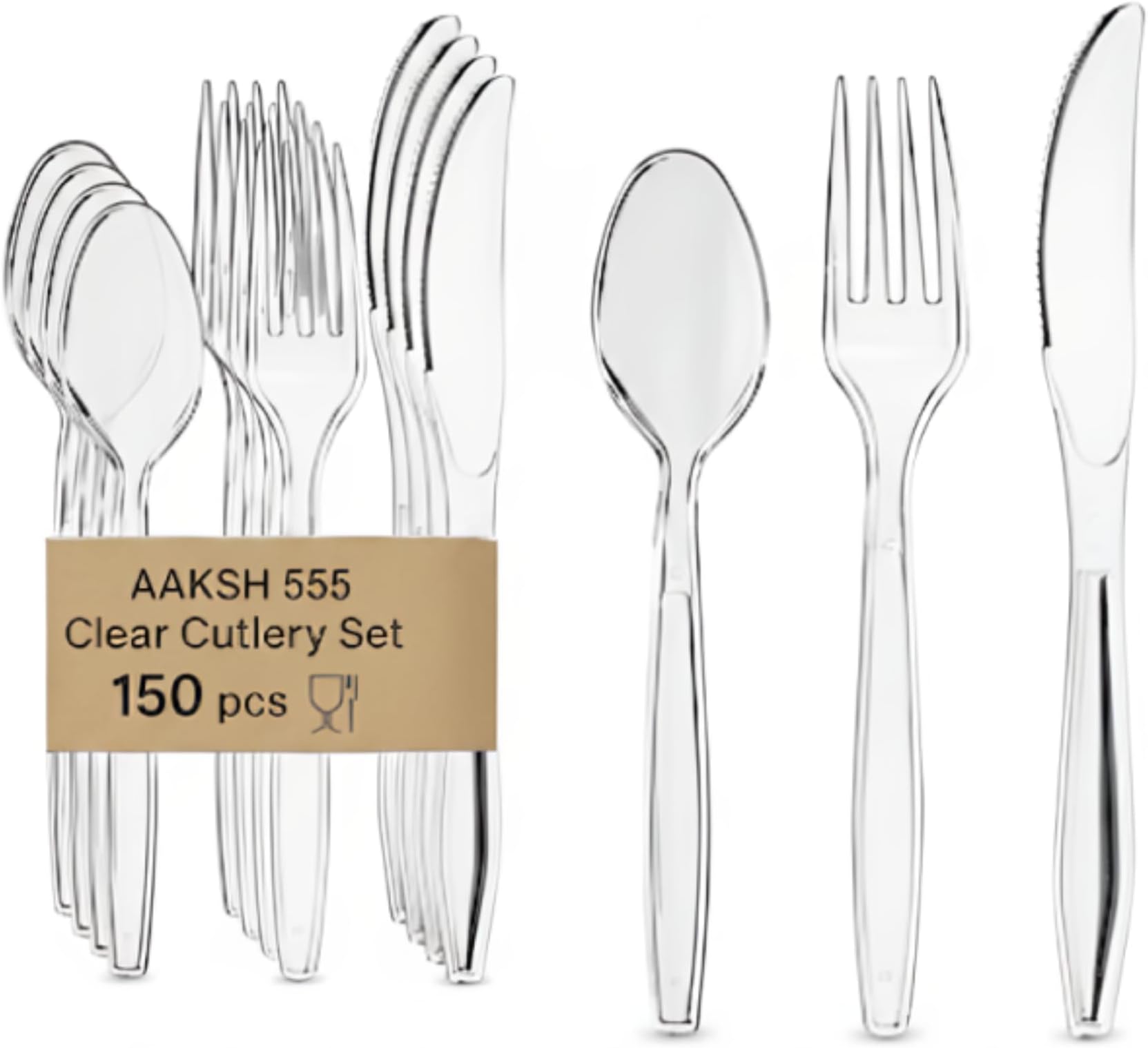 Pack of 150, Strong Reusable Clear Cutlery Set [ 50 Spoons, 50 Forks, 50 Knives Set ] Strong Cutlery Set for Birthday Parties Buffets Picnics BBQ's Wedding Camping Christamas Party.