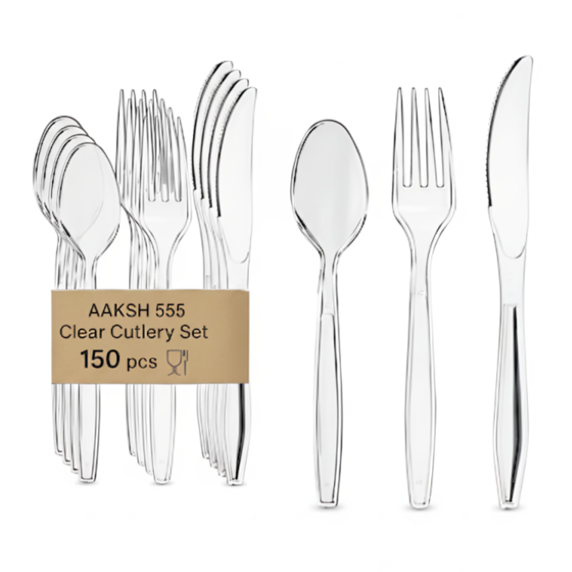 Pack of 150, Strong Reusable Clear Cutlery Set [ 50 Spoons, 50 Forks, 50 Knives Set ] Strong Cutlery Set for Birthday Parties Buffets Picnics BBQ's Wedding Camping Christamas Party.