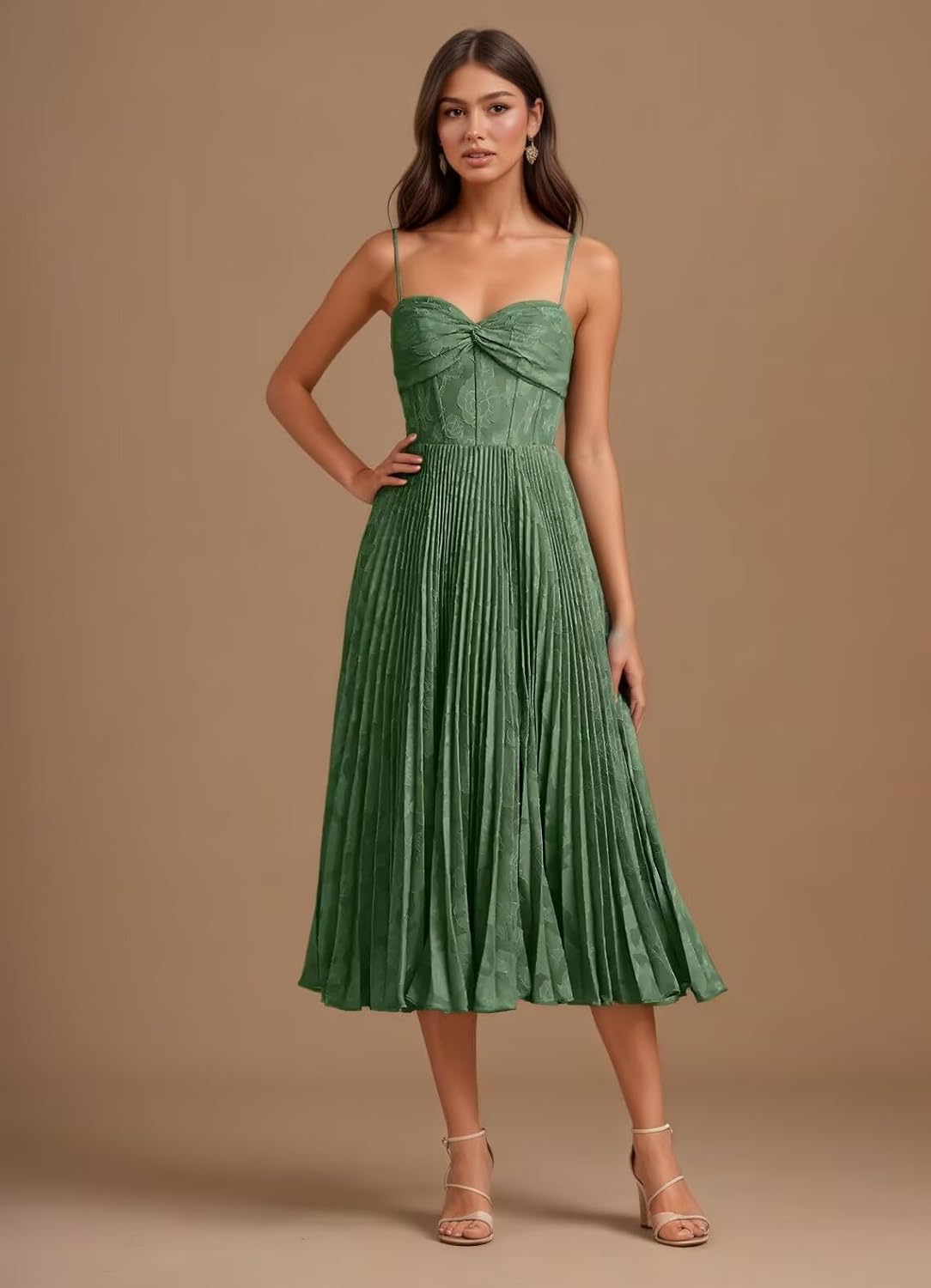 Floral Satin Midi Wedding Guest Dresses Pleated Tea Length Formal Evening Party Gowns - Image 5