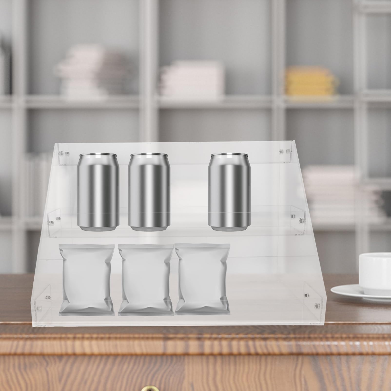 Estante acrílico para exhibición de bebidas, versátil para bebidas y aperitivos para tiendas de conveniencia, estantes minoristas y uso doméstico, maximiza la visibilidad y la eficiencia del espacio