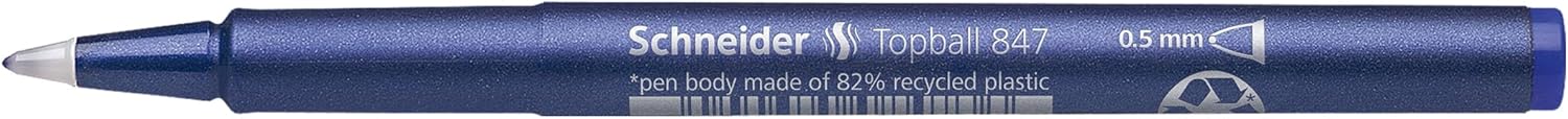 Schneider Topball 847 Ink Roller Pen with Solid Metal Tip 0.5 mm Blue Pack of 10