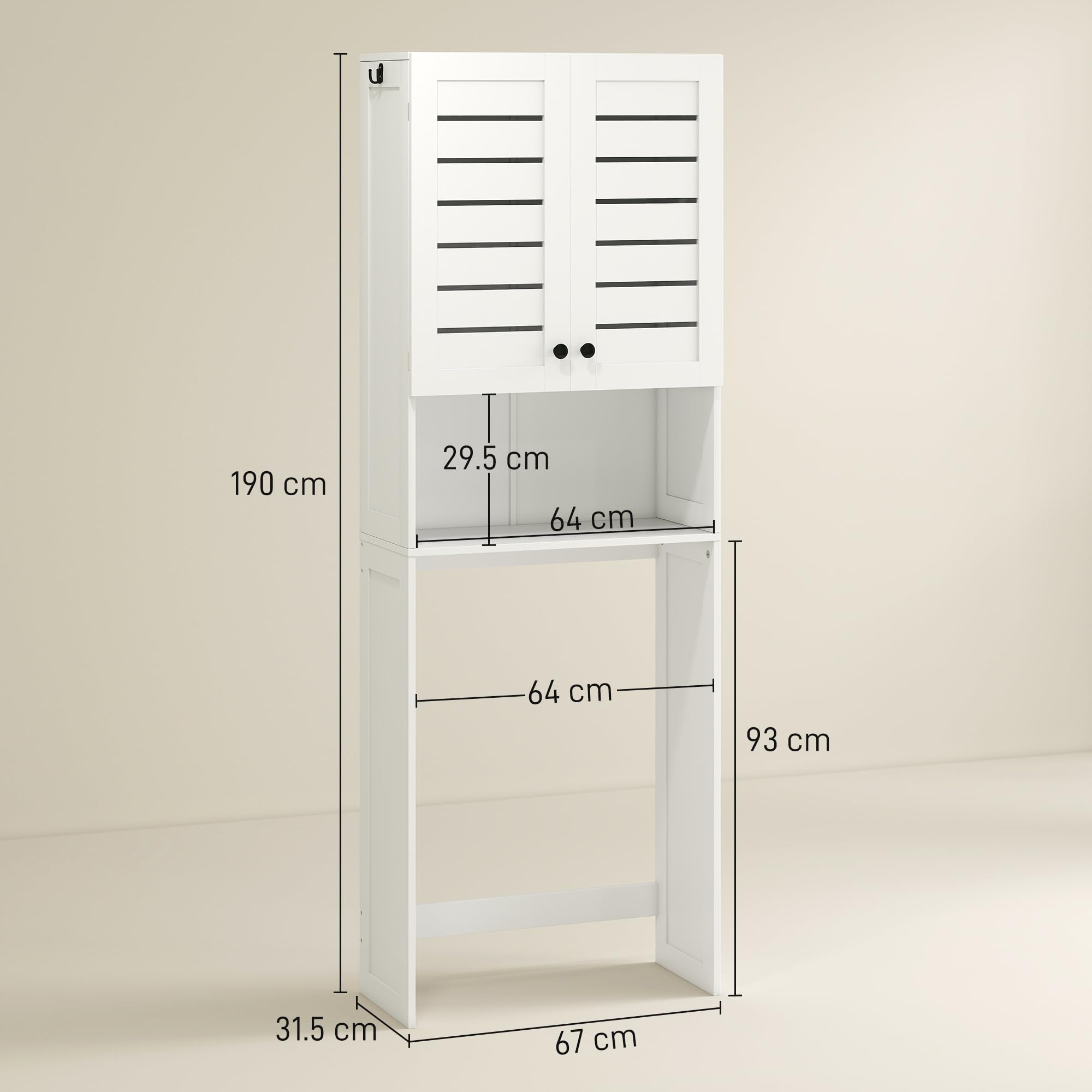 HOMCOM Mobile Sopra WC con Armadietto a 2 Ante e Ripiano Aperto, Mobile Bagno in MDF, Scaffale Sopra WC, 67x31.5x190 cm, Bianco