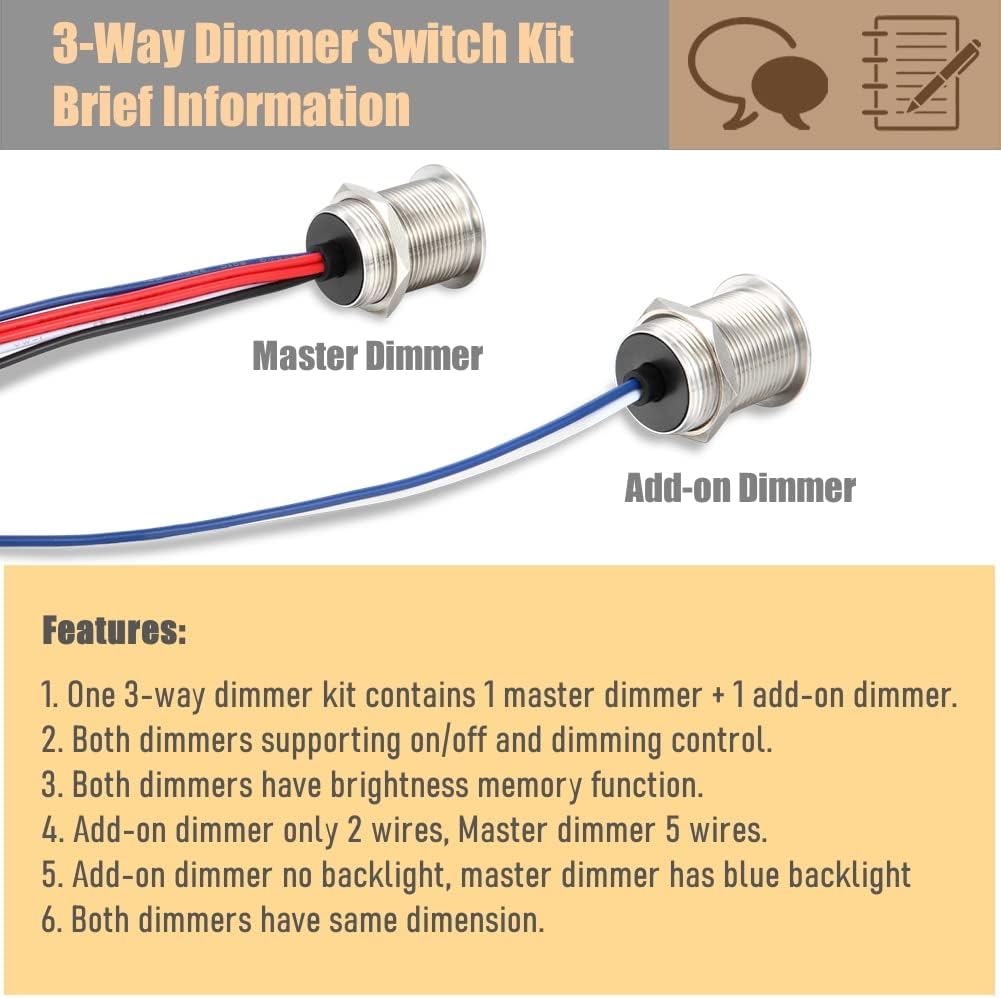 Acegoo RV 12V Three Way Dimmer Switch Kit, DC 12 Volt Light Dimmer for RV Boat Camper Van Trailer Interior Lighting, 19mm Stainless 3-Way Dimmer for LED Strip Light, Rope Light