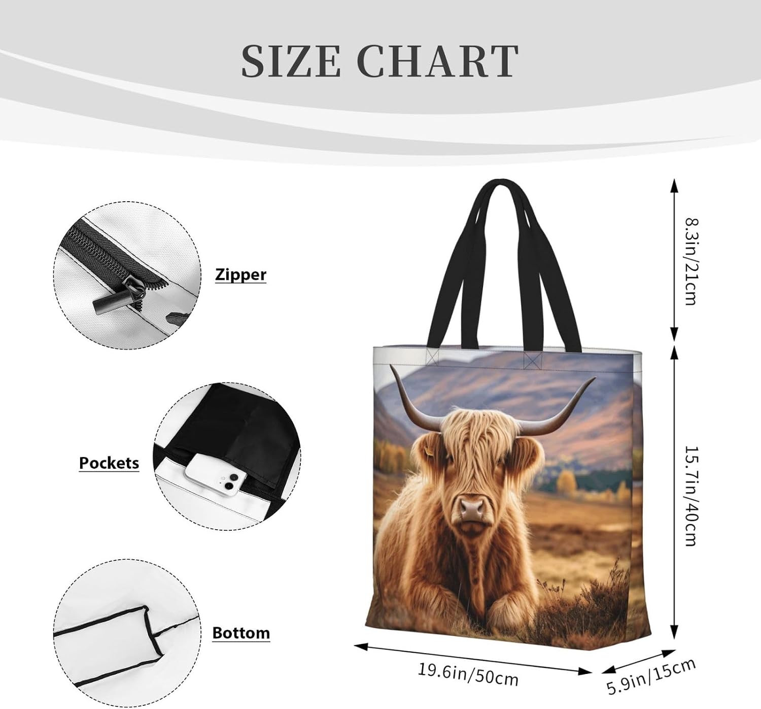 Galloway Cow Print Eco-Friendly Tote Lightweight Grocery Bag Daily Commuting Travel Beach Gym Use