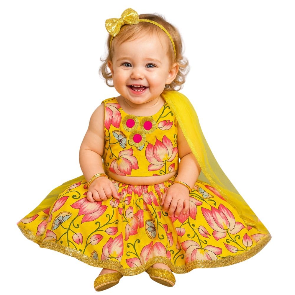 Girls Cotton Ethnic Floral Lehenga Choli Set with Lace & Dupatta | Traditional 3-Piece Festive Outfit for Kids-image-44