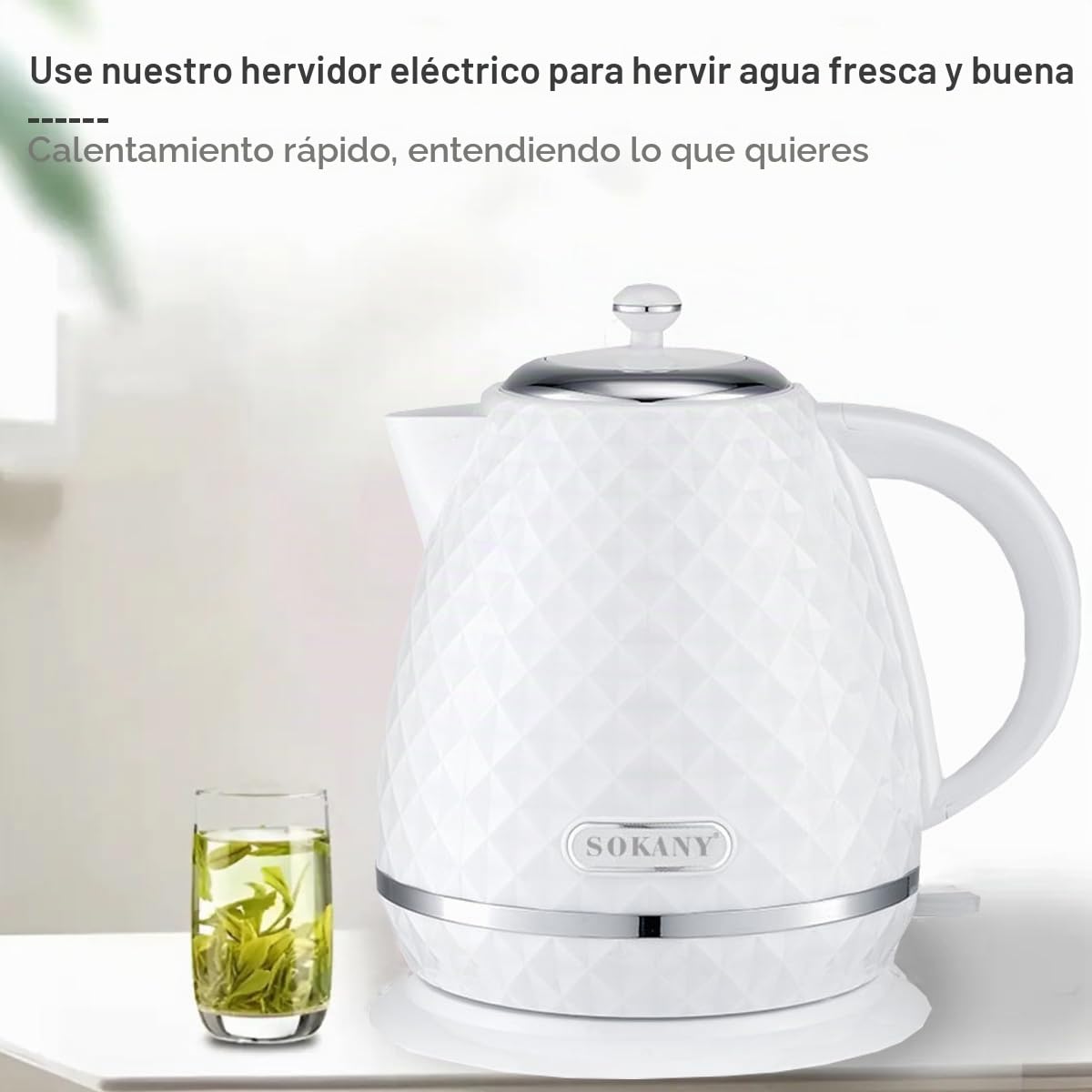 SOKANY SK-1032 2200W Hervidor de Agua Eléctrico, 1,7L Hervidor, Función Apagado Automático, Filtro Extraíble, Indicador Nivel Agua, Base de 360º, Blanco