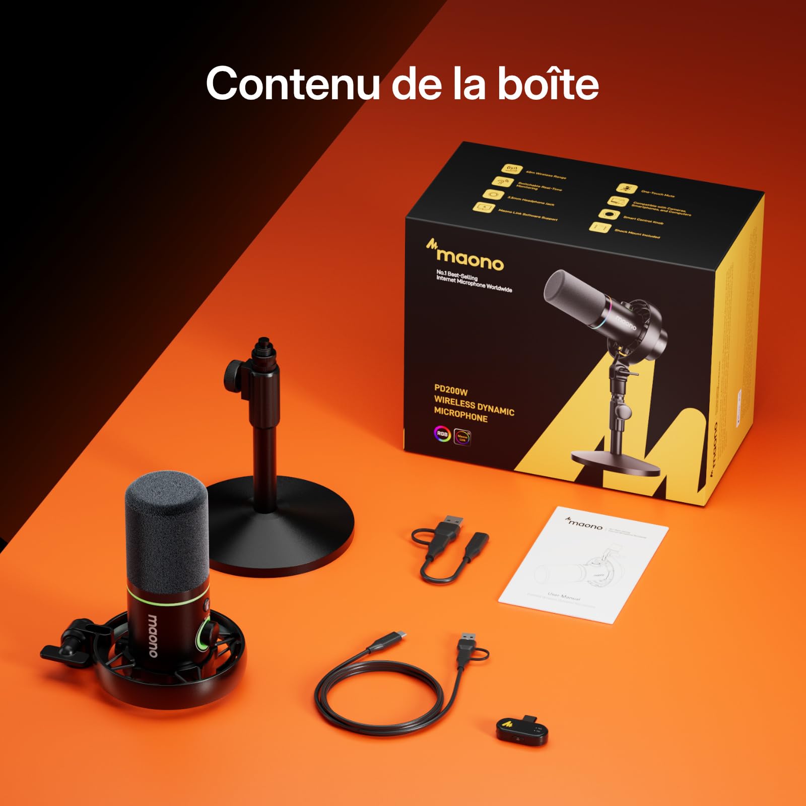 MAONO PD200W Microphone Hybride pour Podcast sur PC, sans-Fil, Micro Dynamique XLR/USB avec Pied de Bureau, Logiciel, Réduction de Bruit, pour Enregistrement, Streaming, Création de Contenu,Studio