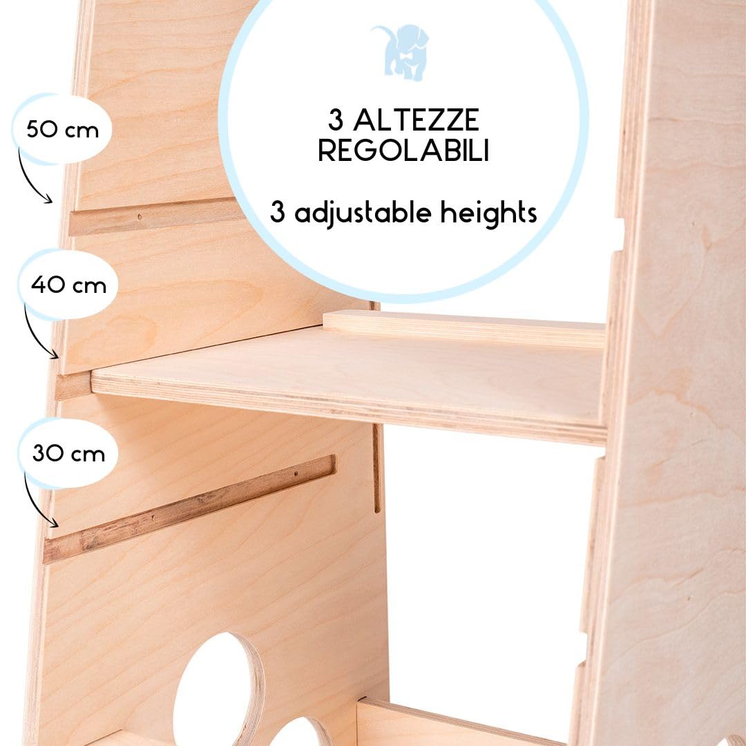 mamikids Learning Tower - Torre Montessoriana in Legno Naturale con Lavagna e Scivolo per Bambini 2-6 Anni, Torretta Montessoriana Trasformabile in Scala, Tavolo, Sgabello Bambini - Made in Italy