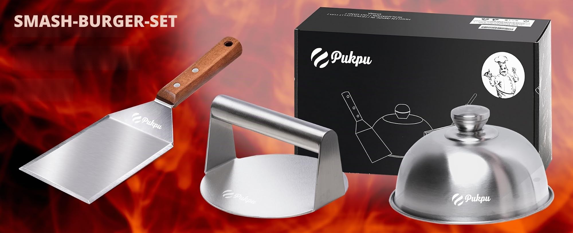 Smash Burger Set 3-teilig Holzgriff – Burgerpresse Edelstahl, Burgerglocke & Grillspachtel – Smashburger Zubehör für Plancha, Grill & BBQ