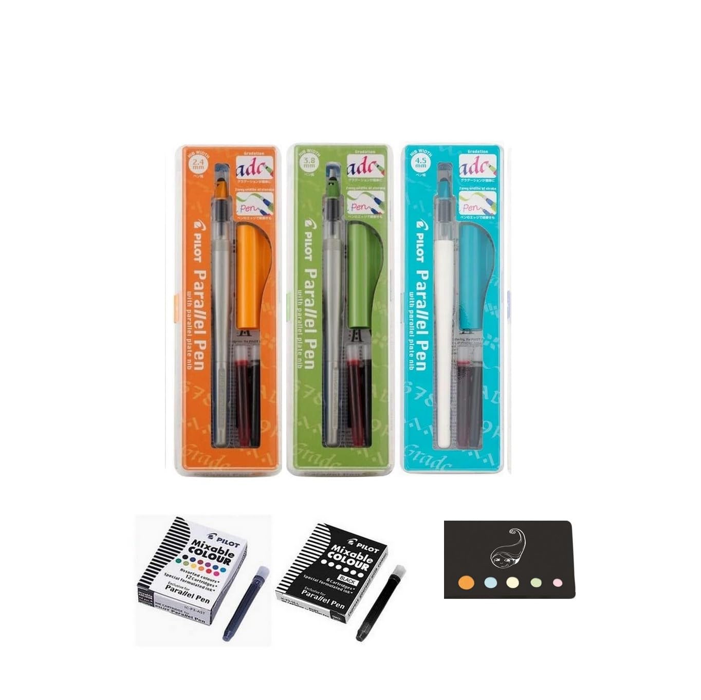Blumie Shop Set mit 3 parallelen Stiftboxen: 2,4 mm + 3,8 mm + 4,5 mm + 6 schwarze Patronen + 12 verschiedene Farbpatronen + 1 Blumie-Klebeindex (Orange + Grün + Türkis)