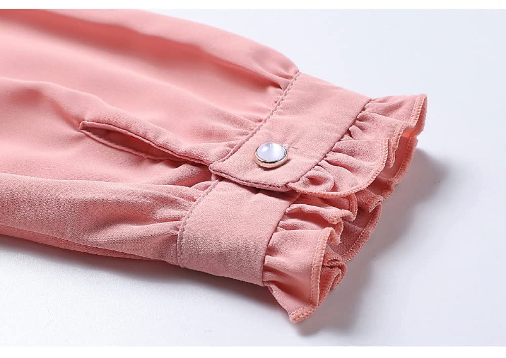 LITTLA Hemd Damen Oberteile, Damen-Chiffon-Langarmbluse Elegant Einfarbig Rosa Mit Rüschen Stehkragen Hemden Oberteile Mode Schmal Button-Down-Blusen Frühling Tunika-Oberteile Für Damen Mädchen