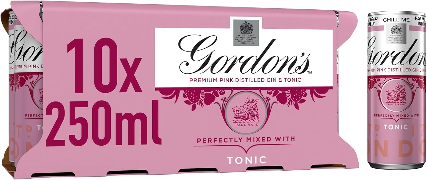 Gordon's Premium Pink Distilled Gin & Tonic | 5% vol | 10 x 250ml Can | Ready to Drink Pink Gin & Tonic Cans | Flavours of Raspberry | Strawberry & Redcurrant