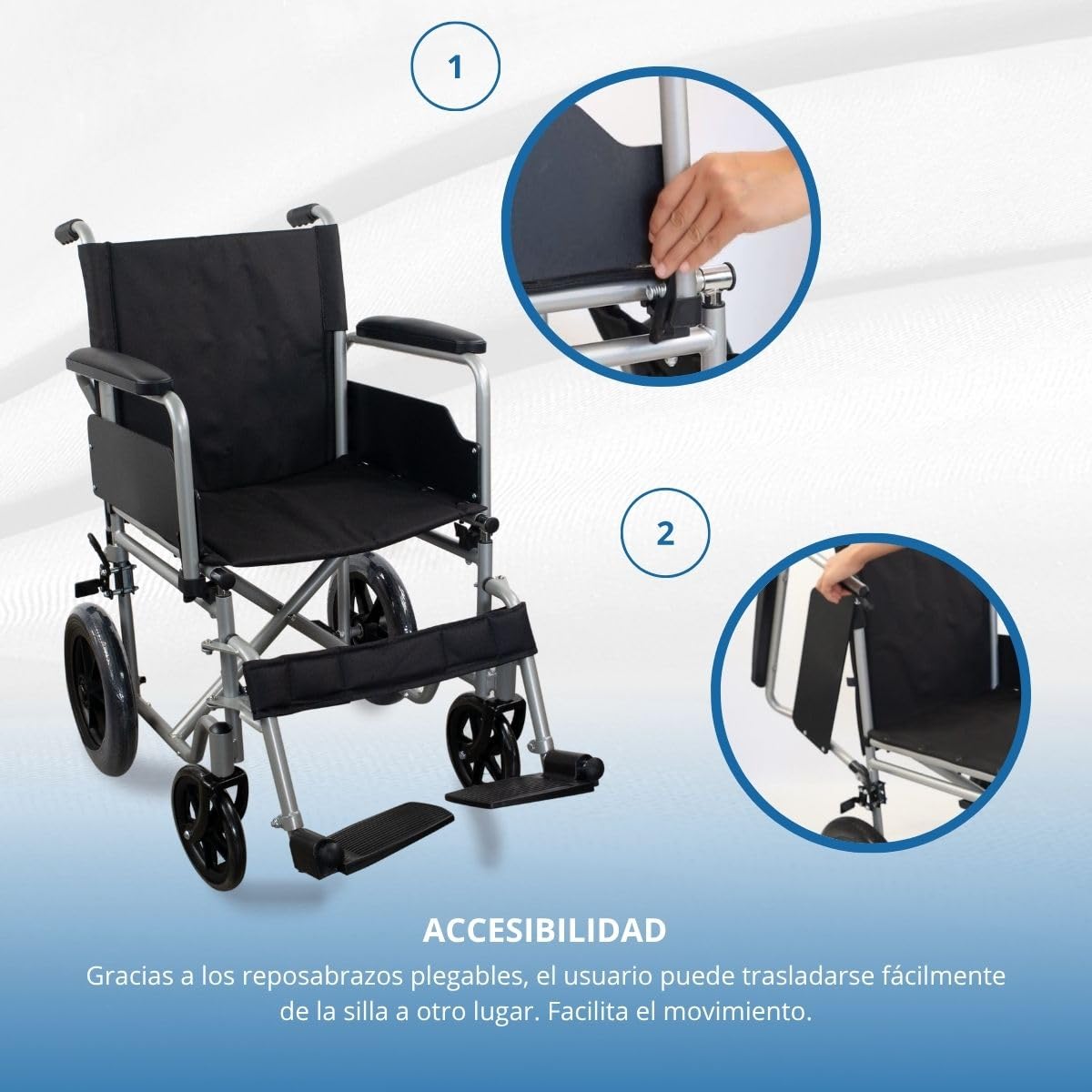 Mobiclinic, Silla de ruedas plegable, Marsella, Extracción rápida pulsando un botón, Asiento 46 cm, Reposapiés y reposabrazos abatibles, Palanca freno, Resistente, Plata