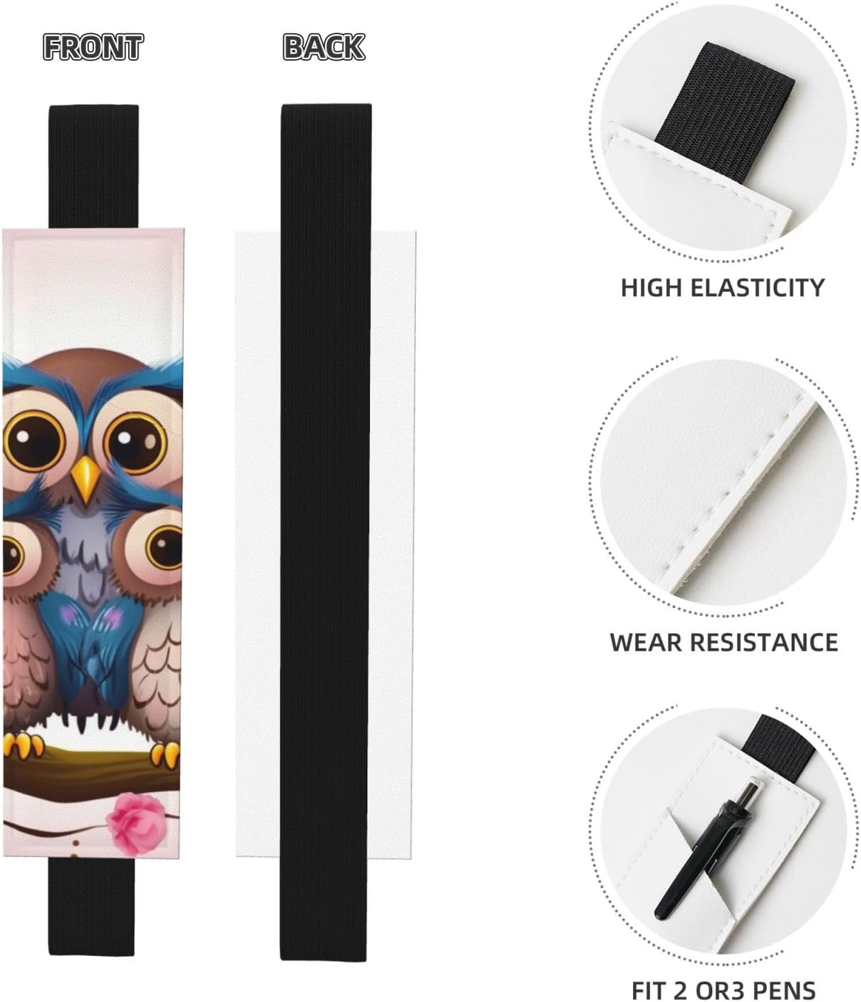 Cute Owls Pen Holder for Notebook, PU Leather Pen Sleeve Pouch for Gift, Detachable Bookmark Elastic Journal Pencil Holder Case - Hold 2-3 Pens, Black image 2
