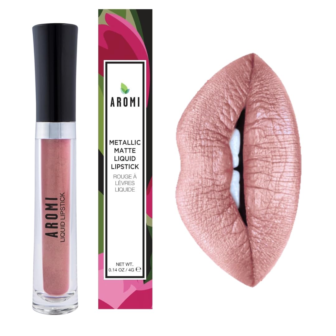 Aromi Metallic Liquid Lipstick | Light Brown Nude Lip Color for Women, Long-lasting, Shimmery Finish, Vegan, Handmade (Brown Sugar)