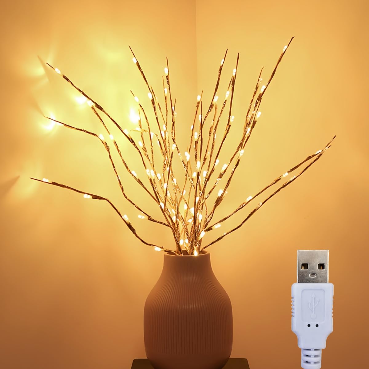 6 PCS LED Lighted Twig Branches 120 LED Beads Warm White Colored USB Operated Decorative Branch Lights for Vase Bedroom Restaurant Coffee Bar Library Party Photo Background 70CM