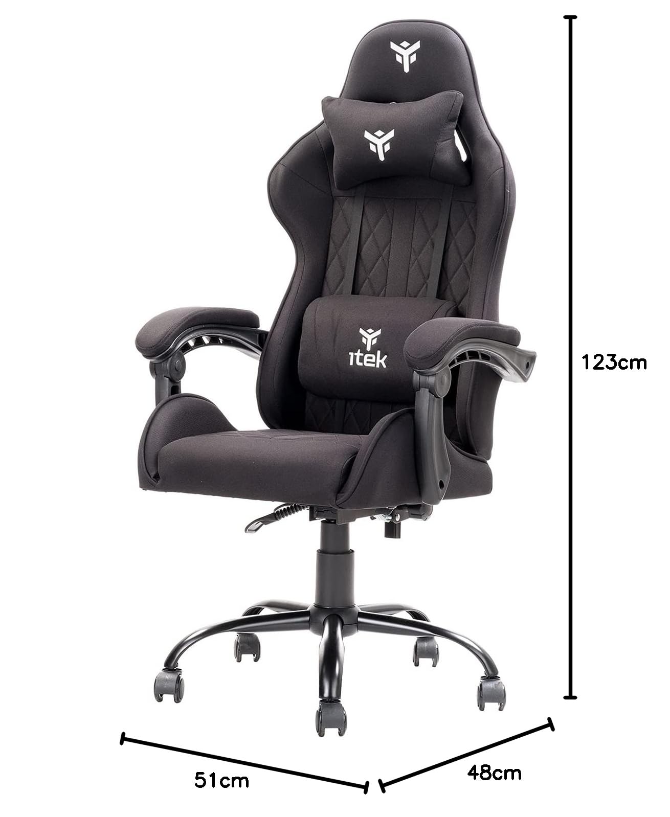 ITEK RHOMBUS FF10 Sedia Gaming ergon. Nera, schienale reclinabile, cuscino poggiatesta, sup. lombare, confort e design, ideale come sedia ufficio, sedia per studio o poltrona per gamer