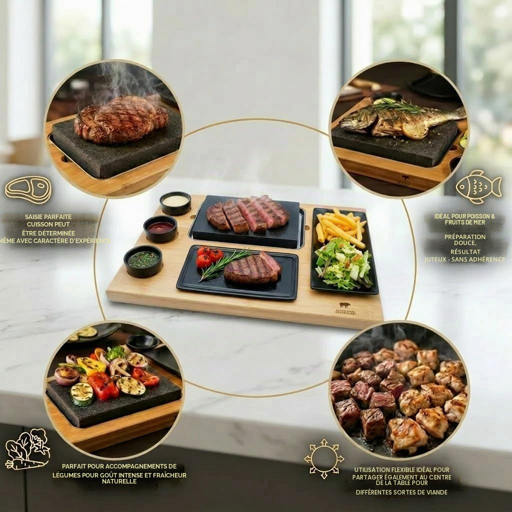 Steak en pierre de lave chaude modèle EVO avec ardoise, 3 bols à trempette et une assiette, 8 pièces, Hot Stone Steak
