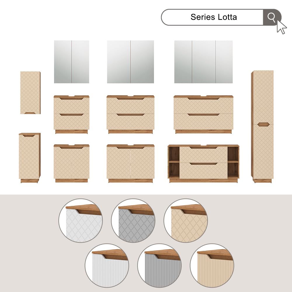 Vicco Meuble sous Vasque Simple Lotta, Cachemire, 79.6x62.5cm avec 2 tiroirs, pour Le Rangement des Accessoires de Salle de Bain et Le raccordement au lavabo
