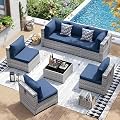 UDPATIO Patio Furniture Set, 7 Pieces PE Wicker Sectional Sofa with Tea Table, Outdoor Conversation Set for Patio, Garden, Backyard (Blue Cushions with Grey Rattan)