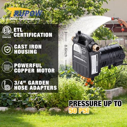 Image of TRUPOW 1 /2HP 1450GPH 115-Volt Cast Iron Portable Electric Power Utility Transfer Water Pump with Carbon Brush, Filter, Brass Connectors, for Garden, Rain Barrel, Pool, Pond, Hot Tub, Aquarium Draining