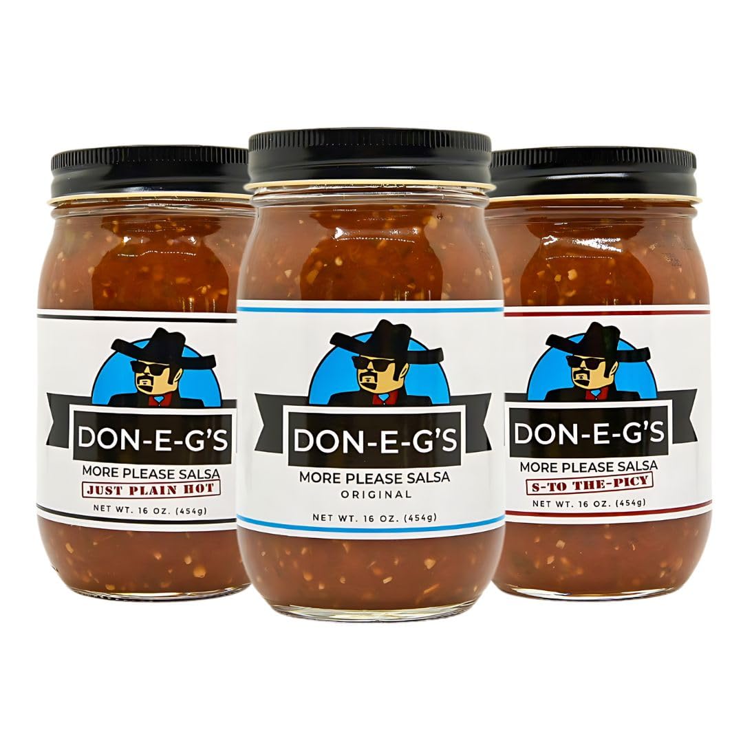 Don-E-G's Salsa Variety Pack: Original, Just Plain Hot, and S-To-The-Picy - Spicy Tomato Salsas - Mild to Hot Range