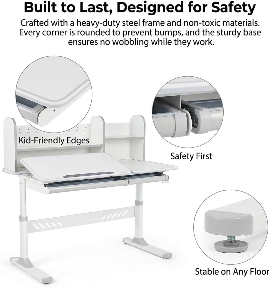 JOYLDIAS Ergonomic Kids Desk with Hutch, 47" Wide Height Adjustable Study Table for Home School, Anti-Hunchback Tilting Desktop for Reading & Drawing, Durable Student Learning Center for Boys & Girls