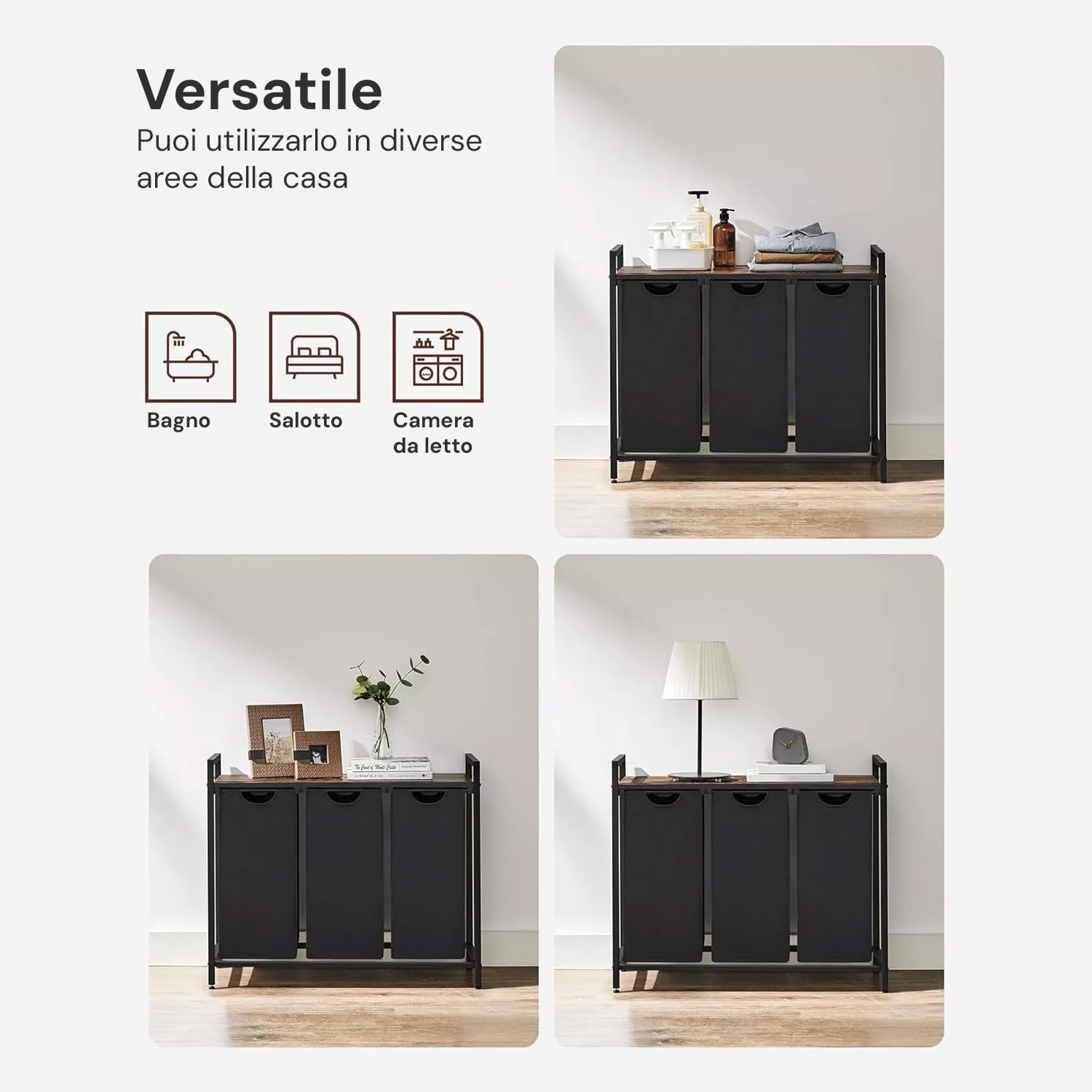 Cesto Portabiancheria Triplo con Sacchi Estraibili 3x38L, Ripiano Salvaspazio Nero-Grigio per Organizzazione Chiari e Scuri