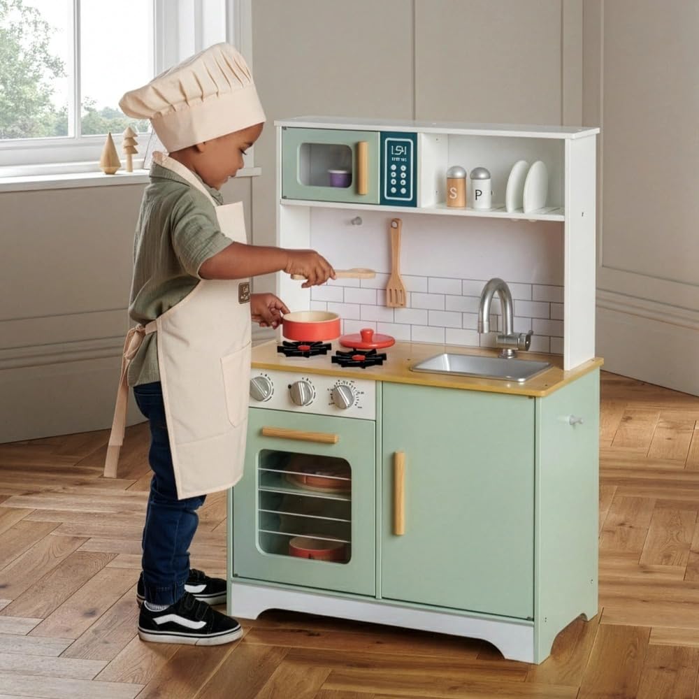 Kids Corner Play Kitchen, Wooden Pretend Toy Kitchen with 6 Wooden Cooking Accessories, 2 hobs, a Microwave and Kitchen Sink, Cabinet Storage Space, Oven Knobs Make Realistic Sound for Boys Girls