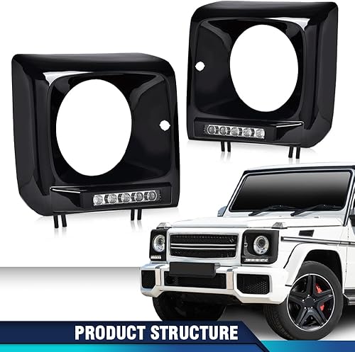 Miniatura 2 de PIT66 Par de bisel de faros delanteros negros con LED DRL y arnés de cables compatible con Mercedes Benz Clase G W463 G63 G65 G500 G550 G55 AMG