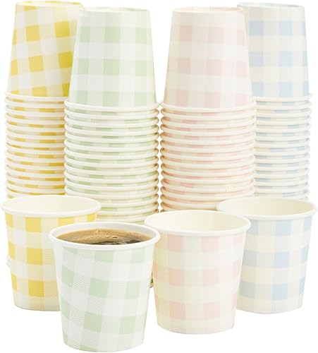 Miniatura 9 de Sparkle and Bash Paquete de 100 mini vasos de papel desechables para expreso, enjuague bucal, café (4 onzas, 4 diseños de guingham)