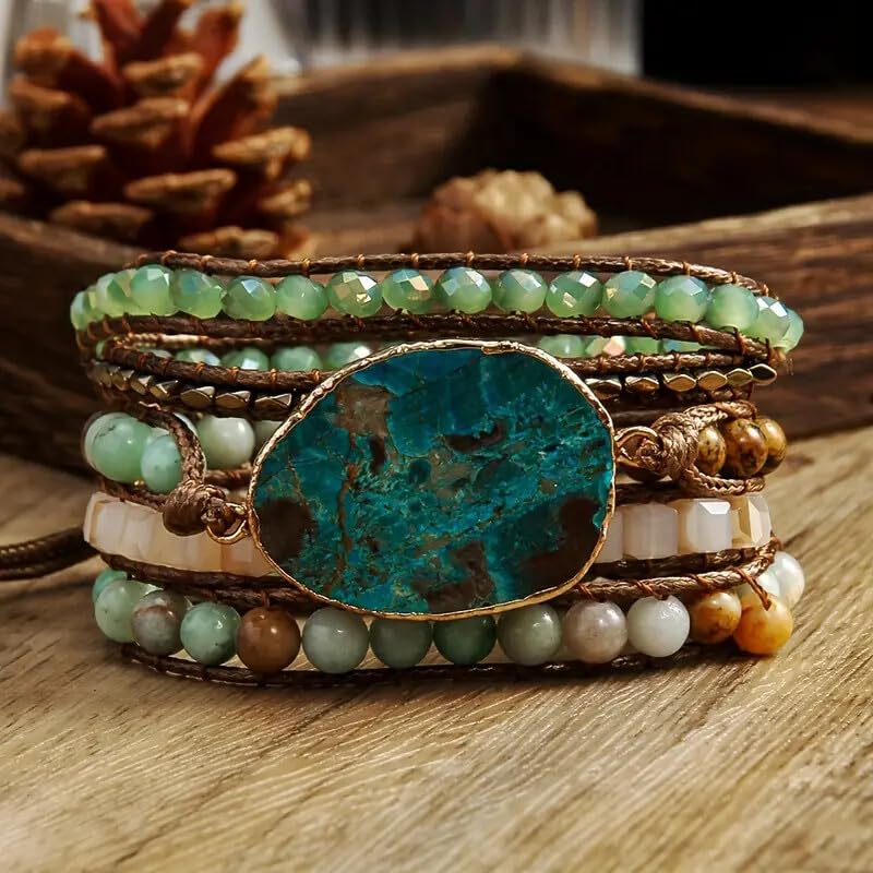 Image of Boho Wrap Bracelet for Women, Handmade Natural Imperial Jasper Multi-Layer Stone Beaded Bracelet, Bohemian Healing Crystal Stone Jewelry Gifts