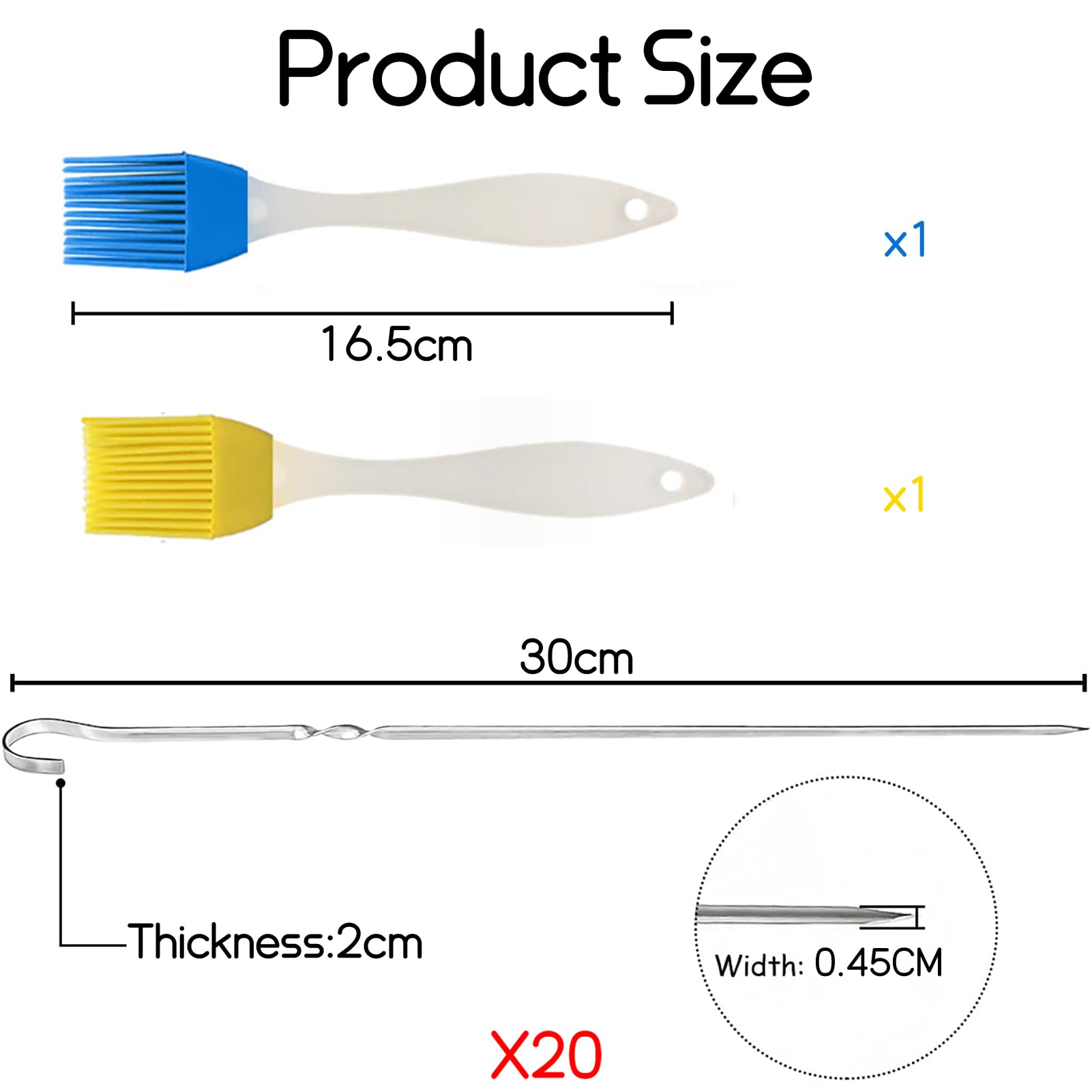 20 Brochettes Barbecue En Inox 30cm - Réutilisables, Avec 2 Pinceaux - Parfaites Pour Viandes Et Légumes