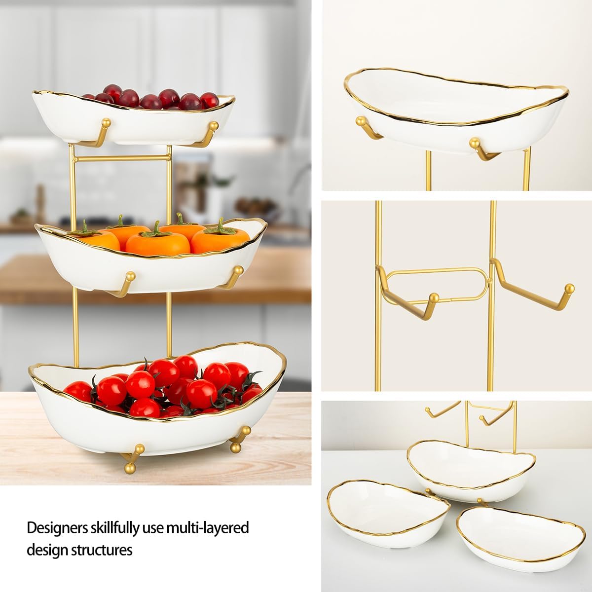 White Ceramic 3 Tier Modern Fruit Bowl with Metal Stand, Tiered Fruit Tray for Kitchen Counter, Snacks Nuts Bread Candy Storage